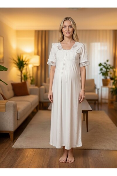Lohussa فستان نوم للحوامل من New Season Ecru بأكمام قصيرة وتفاصيل من الدانتيل...