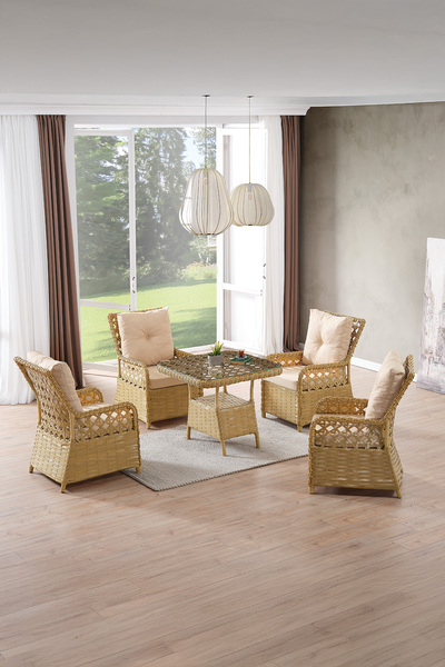 Evdemo Duru 4 Kişilik Rattan Bahçe Balkon Mutfak Masa Takımı Cappuccino