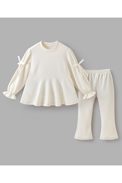 SAPS Full Ruffle Sleeves Bow Embroidered Top with Pants Set - Cream