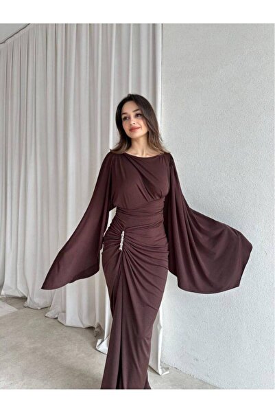 zoezoe DRAPELİ PELERİN KOLLU BELDEM TAŞ DETAYLI ABİYE GECE ELBİSESİ