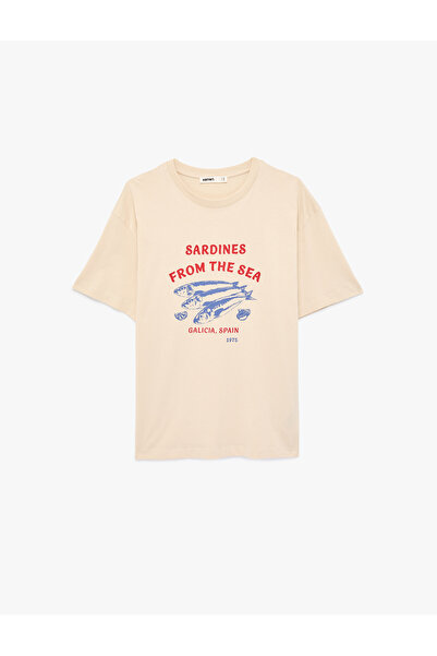 Koton Cotton Short Sleeve Crew Neck Graphic Sardine Print Oversize T-Shirt