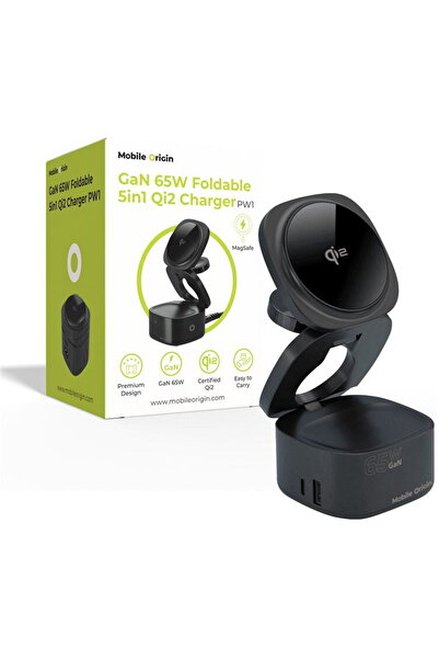 Mobile Origin GaN 1x USB-A + 1x USB-C Qi2 Charging QC 3.0 65W Black