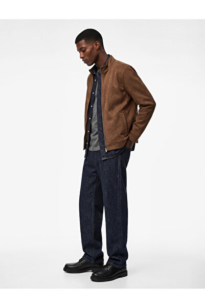 Koton Long Sleeve Stand Collar Pocket Zipper Slim Fit Faux Suede Bomber Jacket