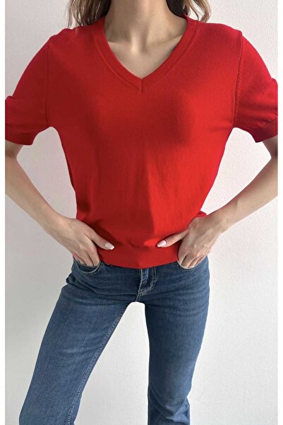 yeditepe fashion V-Neck Basic Elite Short Sleeve Knitwear