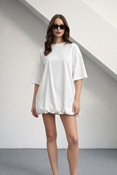 Trend Alaçatı Stili Kadın Beyaz Balon Kesim Bisiklet Yaka Oversize T-Shırt Al...