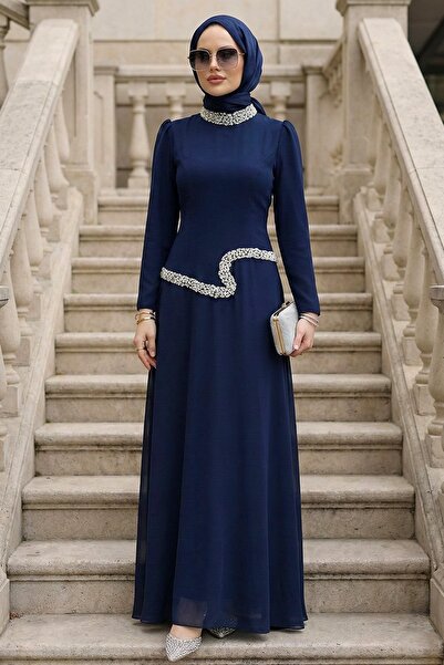N.S NEVA STYLE Beaded Embroidered Navy Blue Hijab Evening Dress 48081L