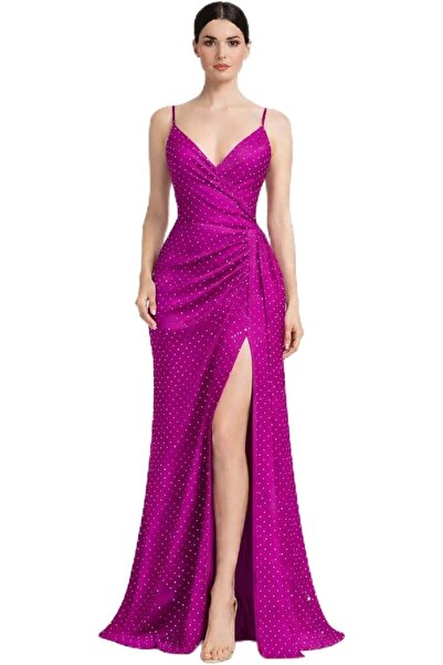 CHEVALIER FASHION Women's Satin Evening Dress with Rhinestone Details
