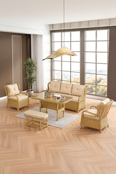 Evdemo Paris Rattan Puflu Bahçe Balkon Takımı 3+1+1 Cam Masalı Cappuccino