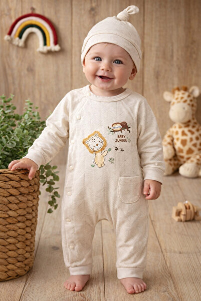 Bubbles Organik kumaşlı Aslan Nakışlı şapkalı Erkek Bebek Tulum Şapka Takımı ...