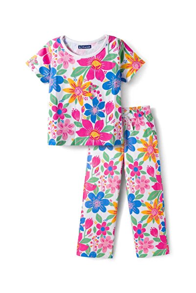 Pine kids Single Jersey Knit Half Sleeves Pajama Set with Floral Print - Whit...