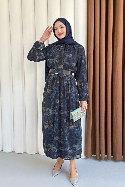 Modaensarbutik Beli Lastikli & Kemer Detaylı Şifon Tesettür Elbise-LACİVERT