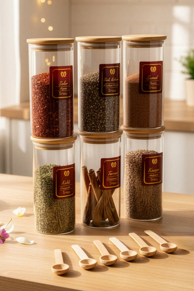 Snippy Nare - 6'lı Bambu Vakumlu Kapaklı Ahşap Kaşıklı Etiketli Cam Baharatlı...