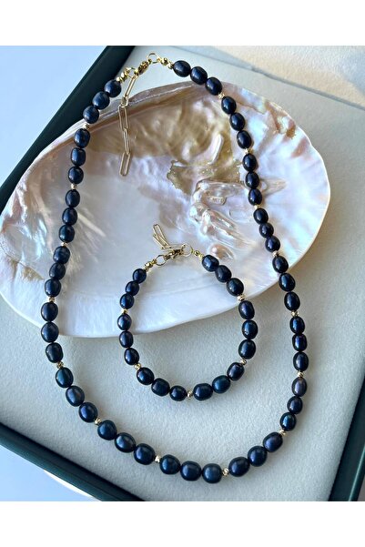 eyla collection Gerçek Siyah İnci Kolye ve Bileklik Seti - Gold Detaylı