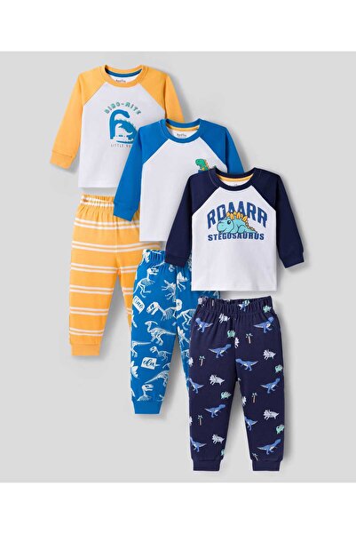 Bonfino 100% Cotton Knit Dinosaur Printed Pajama Sets (Pack of 3) - Multicolor