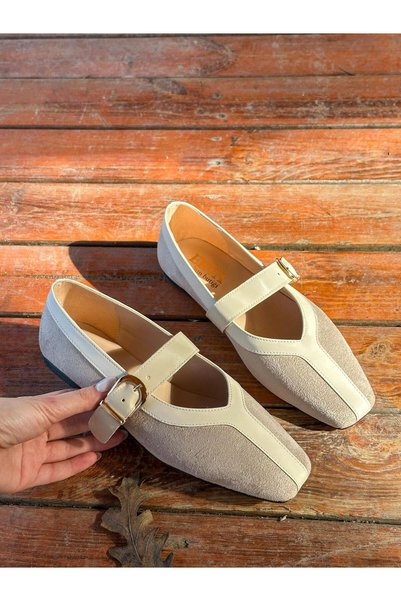 ERVANIN BUTİĞİ Beige Suede (Luna) Leather Piece Detail Women's Ballerinas