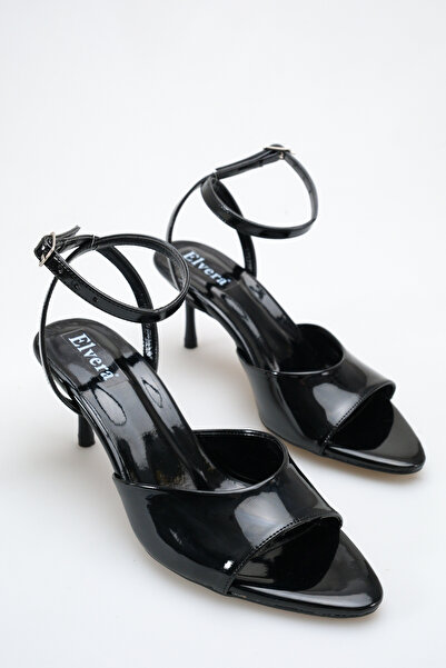MALENTA Women's Heeled Sandals Black Patent Leather Pointed Toe Ankle Strap -...
