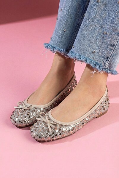 FUGA MODA Lucent Beige Sequined Ballerinas with Sequined Bow Detail