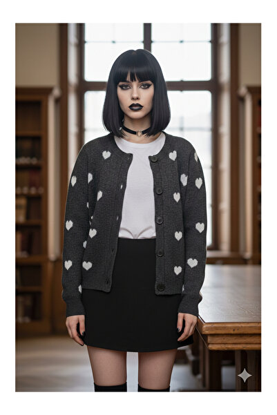 Namaste Vintage Anthracite Colored Heart-Patterned Knitwear Cardigan (Valenti...