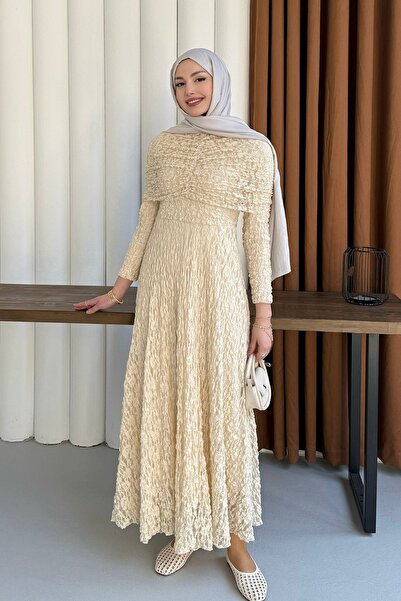 Modaensarbutik Elisa Dantel Detay Tasarım Tesettür Elbise-EKRU
