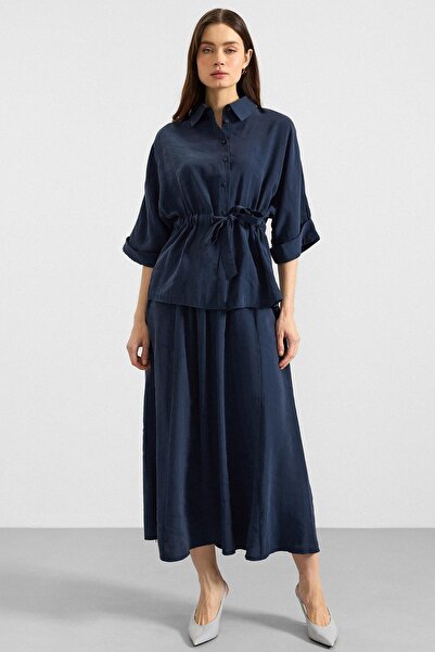 Olcay Drawstring Waist Three-Quarter Sleeve Modal Shirt Dark Blue 9409