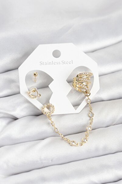 Generic Brand Uzay Model Brass Gold Color Chain Linked Ear Cuff Earring Set