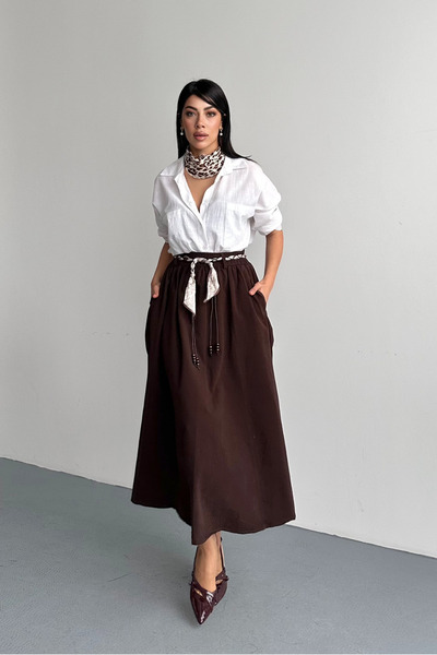 macharel jeans Fusta din bumbac cu buzunare și curea, lungime midi