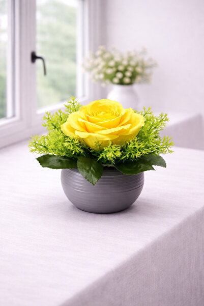 fesleğen çiçek Dekoratif Saksıda Yapay Sarı Gül Aranjmanı Masa Üstü Salon & O...