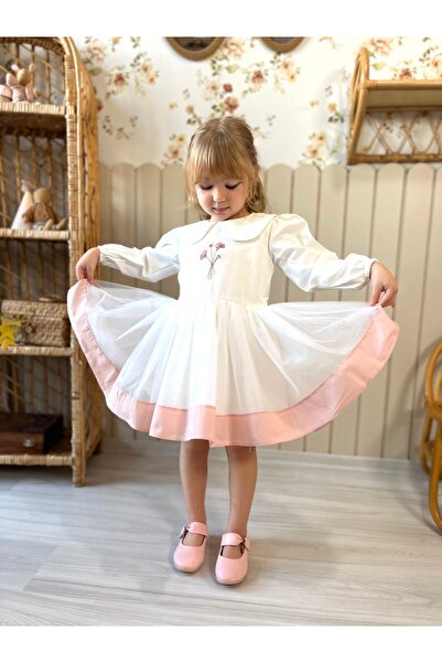 Alvadonna فستان بناتي بتفاصيل فيونكة وتفاصيل من التول وتطريز على الجهة الأمامية