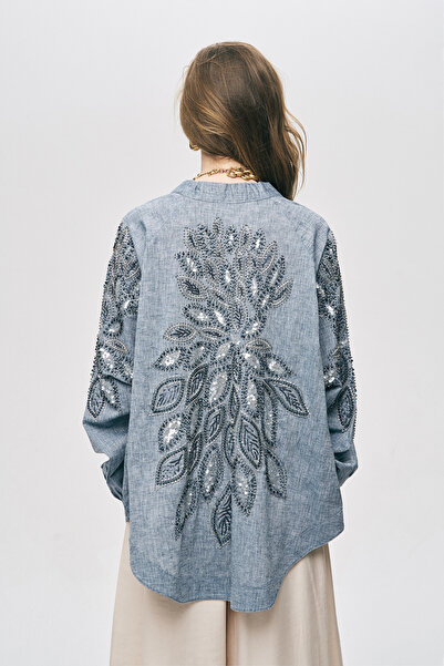 Orfeo Negro Kimono supradimensionat din bumbac și in, brodat cu paiete și măr...