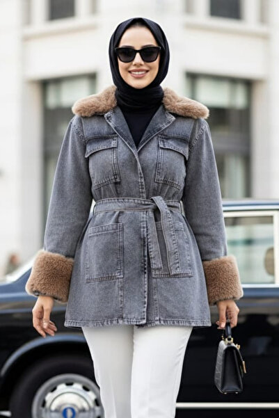 Hb Harma Time Butik Women's Belted Pocketed Gray Denim Jacket with Fur Detail