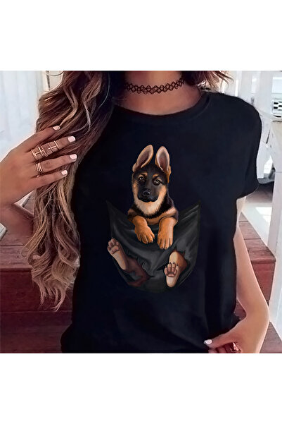 Kartier Дамска черна тениска с немска овчарка