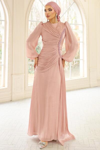 Olcay Yoryo Seiden-Tesettür-Abendkleid mit Perlen- und Paillettenverzierung P...