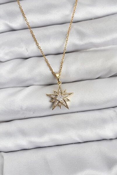 Ebijuteri 316L Çelik Zincir Gold Renk Yıldız Model Zirkon Taşlı Kadın Kolye
