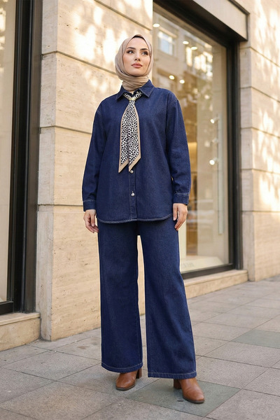 MODAQU Scarf Detailed Double Dark Blue Denim Set with Elastic Waistband