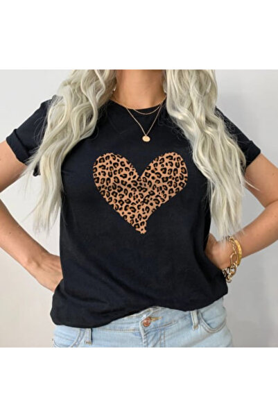 Kartier Дамска черна модерна тениска с леопардово сърце