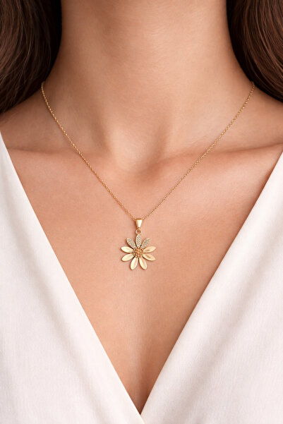 Bellenza Zirkon Taşlı Papatya Figürlü Gold Kadın Kolye – Zarif ve Şık