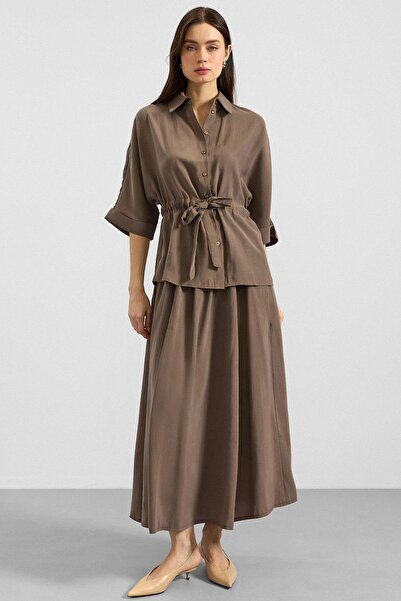 Olcay Waist-Tie Three-Quarter Sleeve Modal Shirt Haki̇ 9409