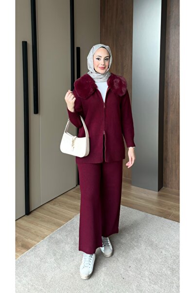 lurex moda Fur Collared Knitwear Set