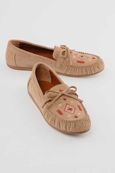 Mubiano Women's Suede Loafer Embroidered Lace-Up Shoes Helia Beige