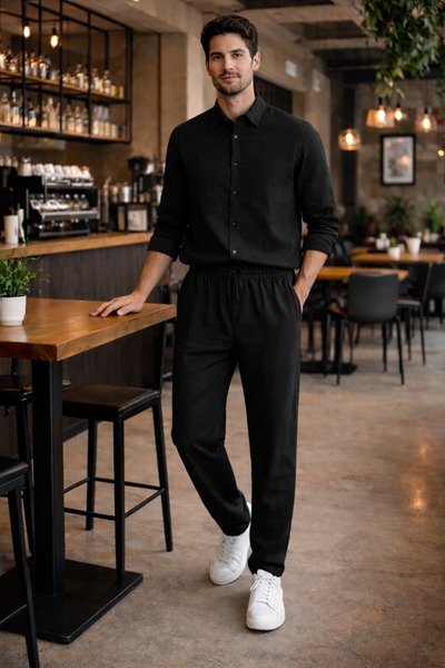 Tarz Cool Men's Black Oversize Linen Suit Loose Cut Shirt and Trousers Summer...