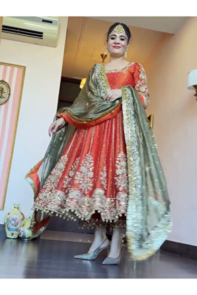 MYSMAR Orange Silk Gown Bottom & Dupatta - HRT6693 | Orange