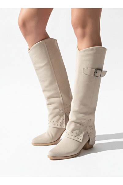 SHOEBOURNE Cizme lungi, elegante, fără fermoar, din piele întoarsă bej, cu de...