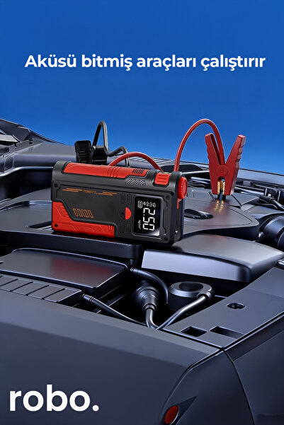 ROBO Süper 4'lü Şarjlı Akü Ateşleyici Lastik şişirici Powebank Led ışık 150Ps...