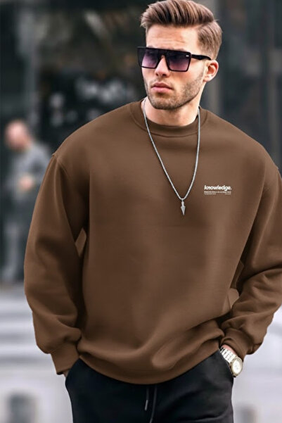 COMBİNE MİCHAİL Men's Text Printed Casual Brown Sweatshirt