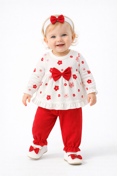 mini kanka Baby Girl Floral Print Bandana Bow 3-Piece Set – Long Sleeve Dress...