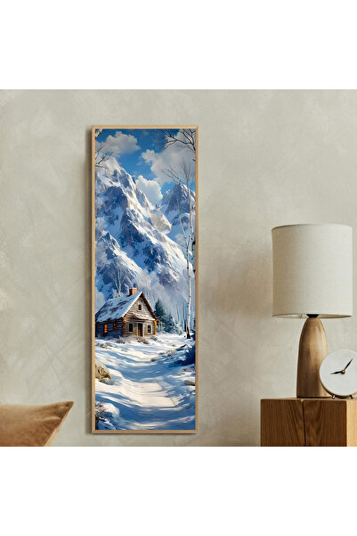 woodhomeworks Tek Parça Gerçek Ahşap dikey Panorama Çerçeveli Tablo karlı bir ev
