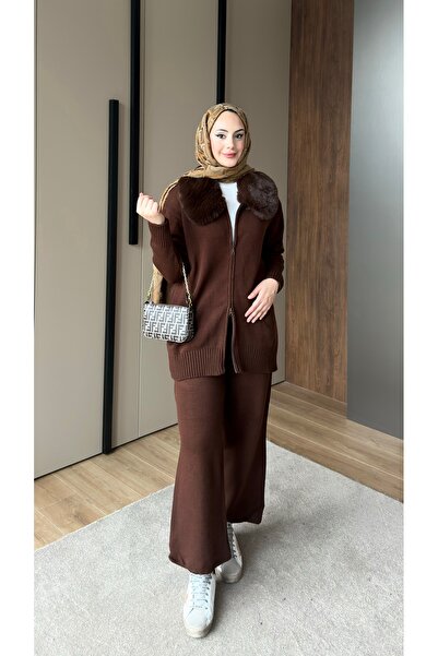 lurex moda Fur Collared Knitwear Set