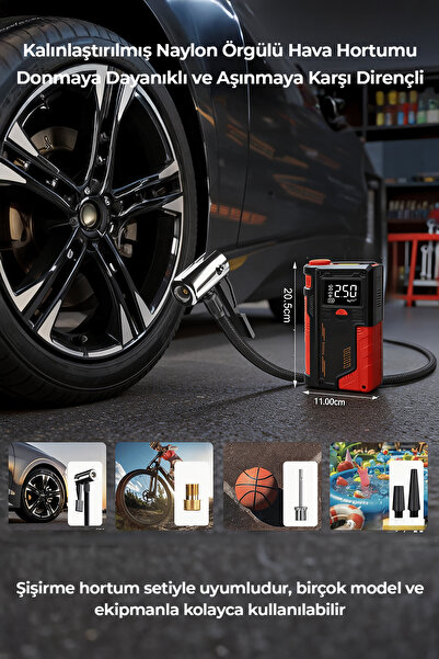 ROBO Süper 4'lü Şarjlı Akü Ateşleyici Lastik şişirici Powebank Led ışık 150Psi Yüksek basınçlı Kırmızı