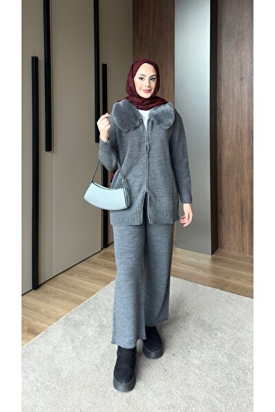 lurex moda Fur Collared Knitwear Set