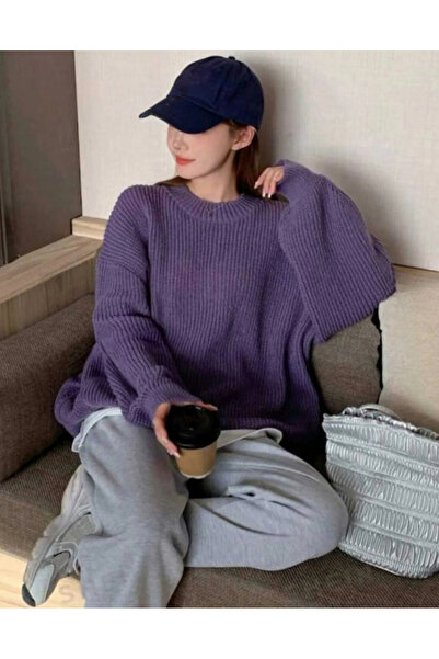 ModaAzen Mor Bisiklet Yaka Oversize Kadın Triko Kazak